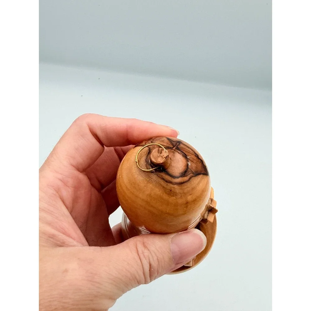 Hand Carved Olive Wood Nativity Scene Bell Ornament Rustic Christmas Decor